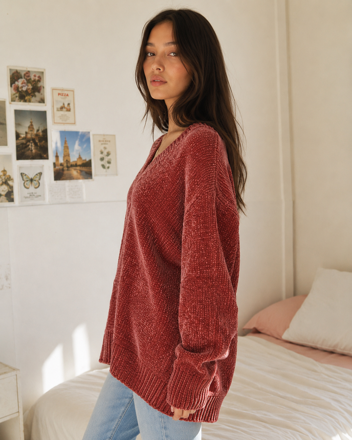 A woman wearing a chunky, oversized ribbed knit sweater in a dusty rose or terracotta red color, paired with light blue jeans, standing in a brightly lit bedroom.