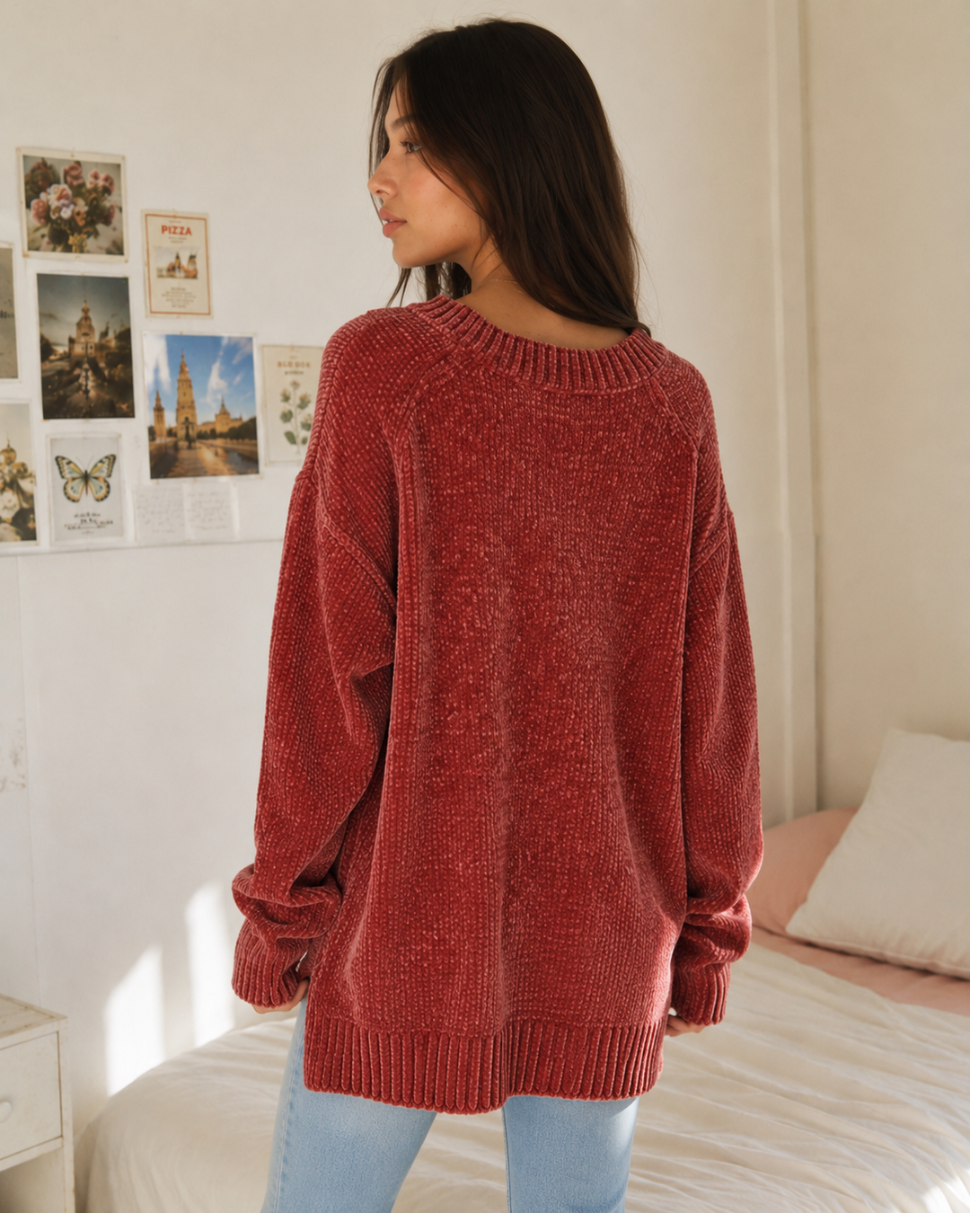 Dark Ginger Chenille Oversized V-Neck Sweater