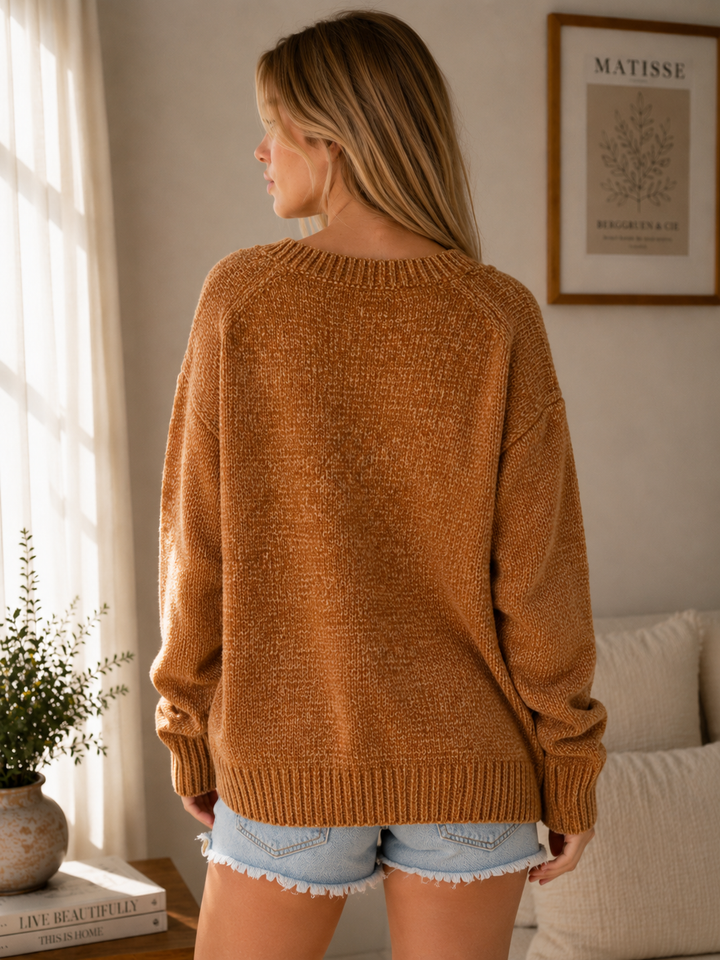 Chenille Oversized V-Neck Sweater in Tan