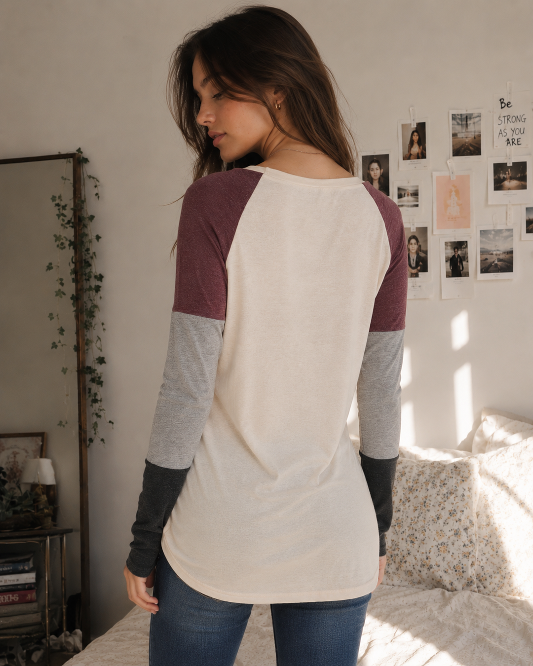 Color Block Twist Hem Long Sleeve Tunic Top in Vanilla