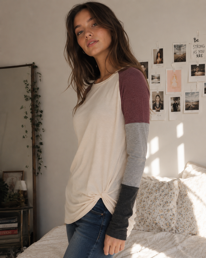 Color Block Twist Hem Long Sleeve Tunic Top in Vanilla
