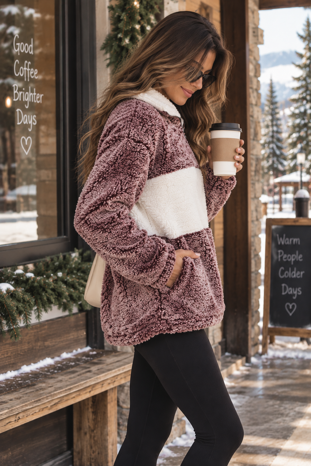 Side view of burgundy colorblock sherpa half-zip pullover featuring ivory contrast panel, plush collar and kangaroo pocket