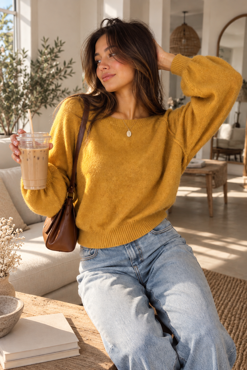 Cotton Candy LA bishop sleeve fuzzy knit sweater in honey styled with light wash jeans for a cozy casual outfit