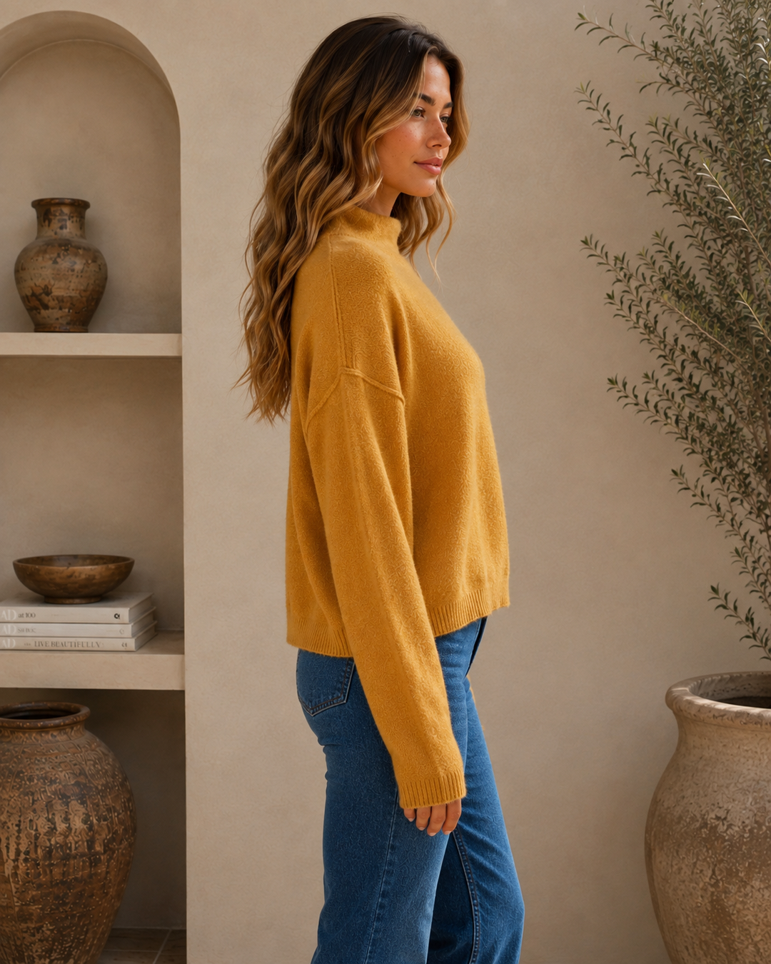 Cotton Candy LA Mock Neck Drop Shoulder Sweater in Honey