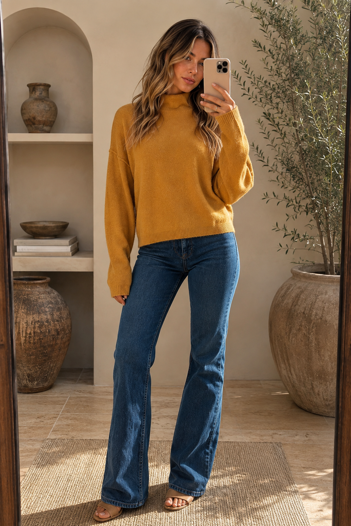 Cotton Candy LA Mock Neck Drop Shoulder Sweater in Honey
