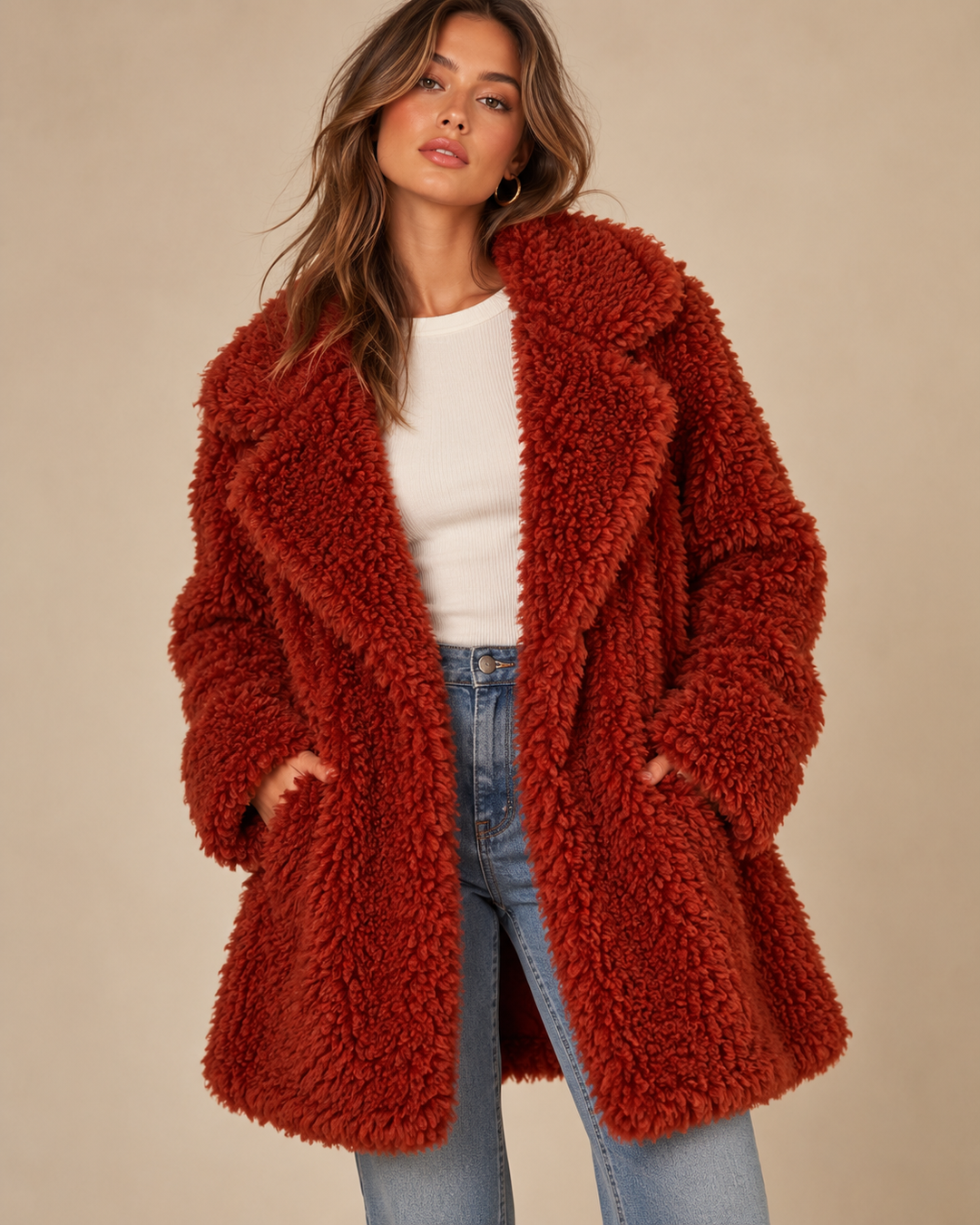 Front view of the Cotton Candy LA copper shaggy faux fur jacket, styled open over a white top and jeans