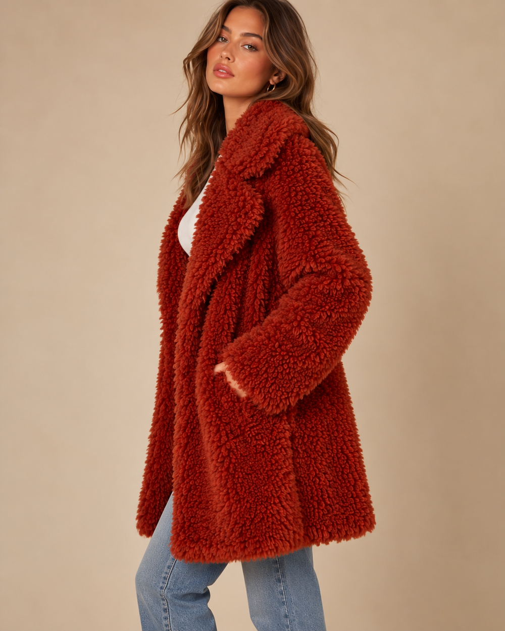 Side view of the copper shaggy faux fur jacket, showing the open collar, long sleeves and hip-length hem