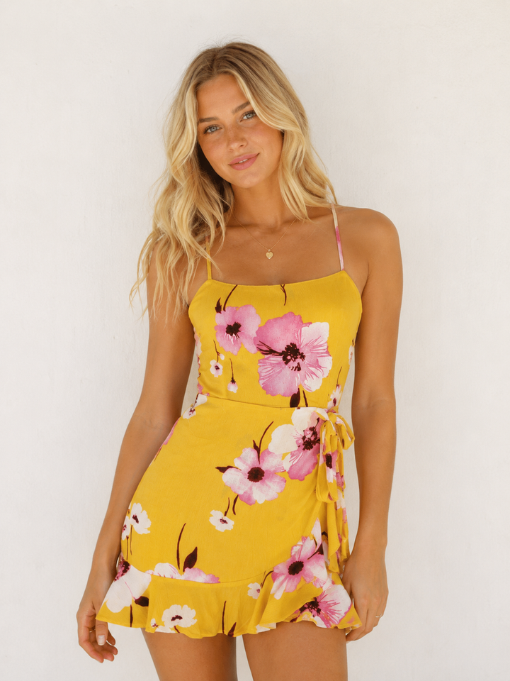 Cotton Candy LA - Paloma Ruffle Faux Wrap Mini Dress - Floral/Marigold