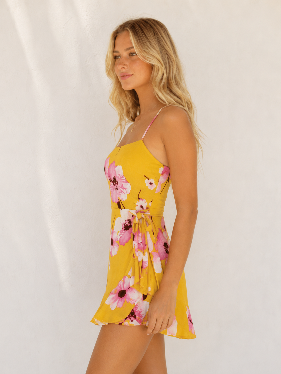 Cotton Candy LA - Paloma Ruffle Faux Wrap Mini Dress - Floral/Marigold