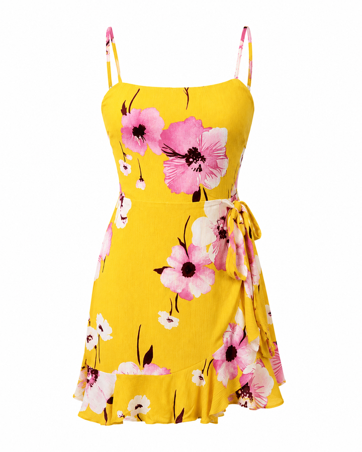 Cotton Candy LA - Paloma Ruffle Faux Wrap Mini Dress - Floral/Marigold