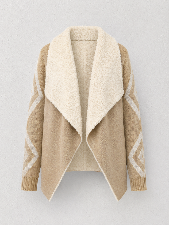 Cozy Chalet Sherpa Waterfall Cardigan – Beige Cream Aztec Knit Sweater