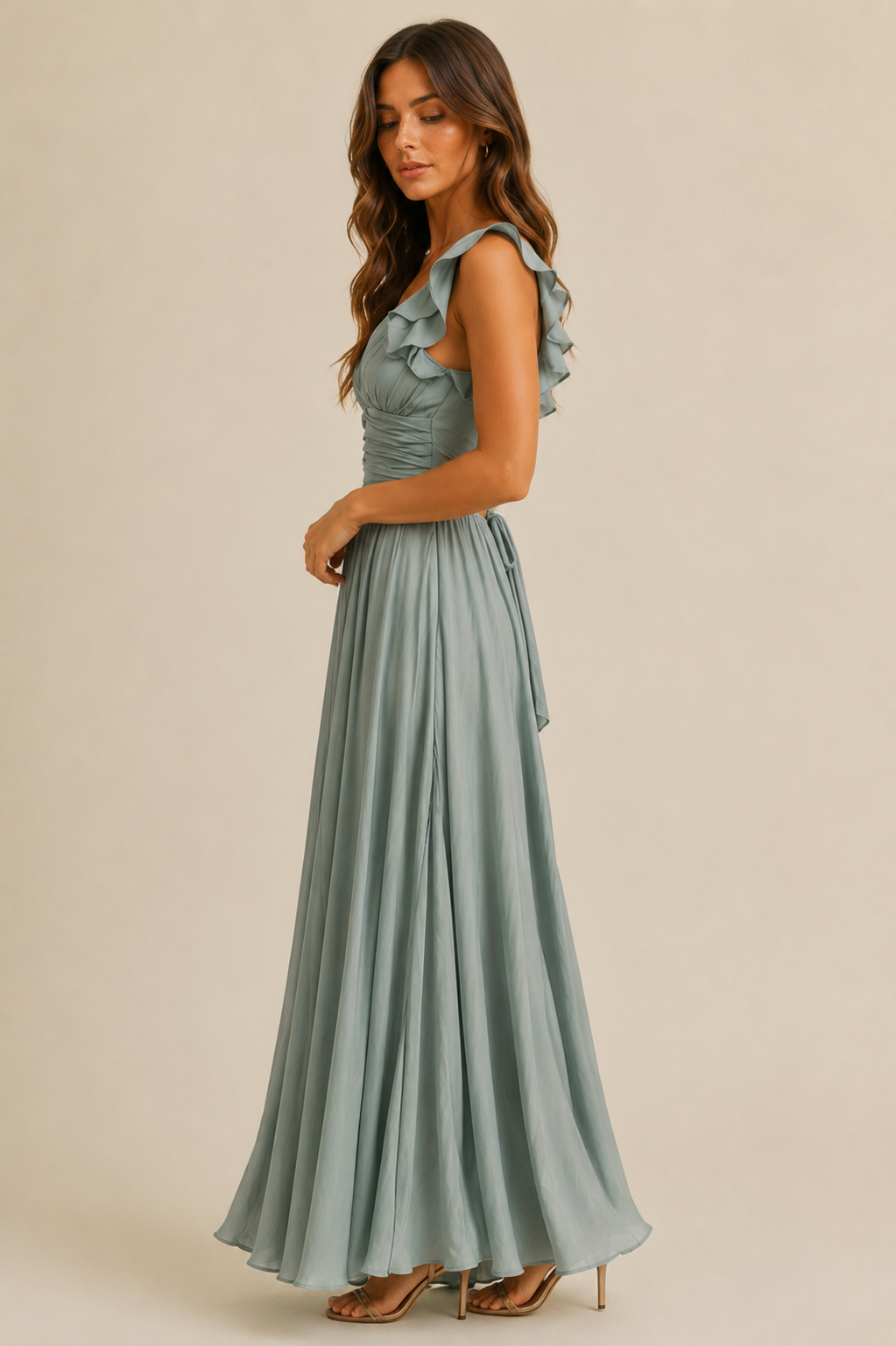Dusty Blue Satin Ruffle Maxi Dress