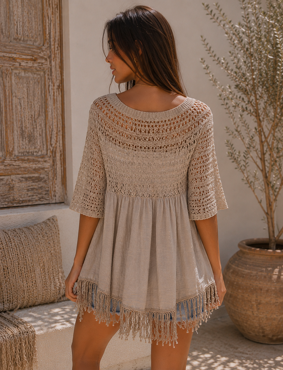 Desert Wanderer Crochet Knit Fringe Tunic in Khaki