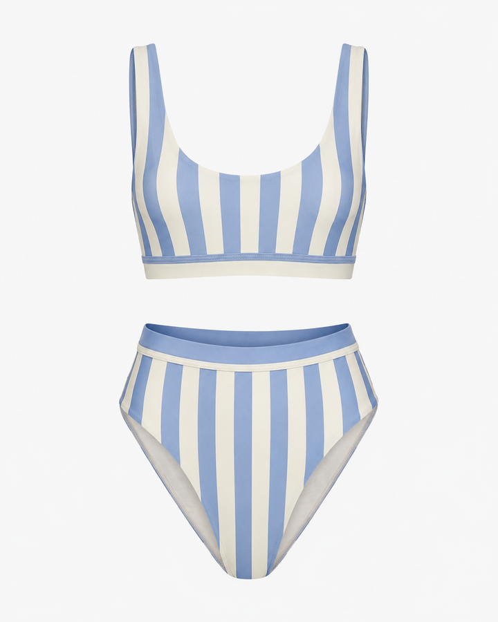 Dippin' Daisy's - Sporty Swim Top + High Waist High Cut Cheeky Bottom - Sky Stripes
