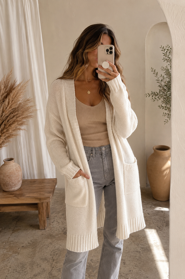 Dreamers Longline Open Front Cardigan in Cream