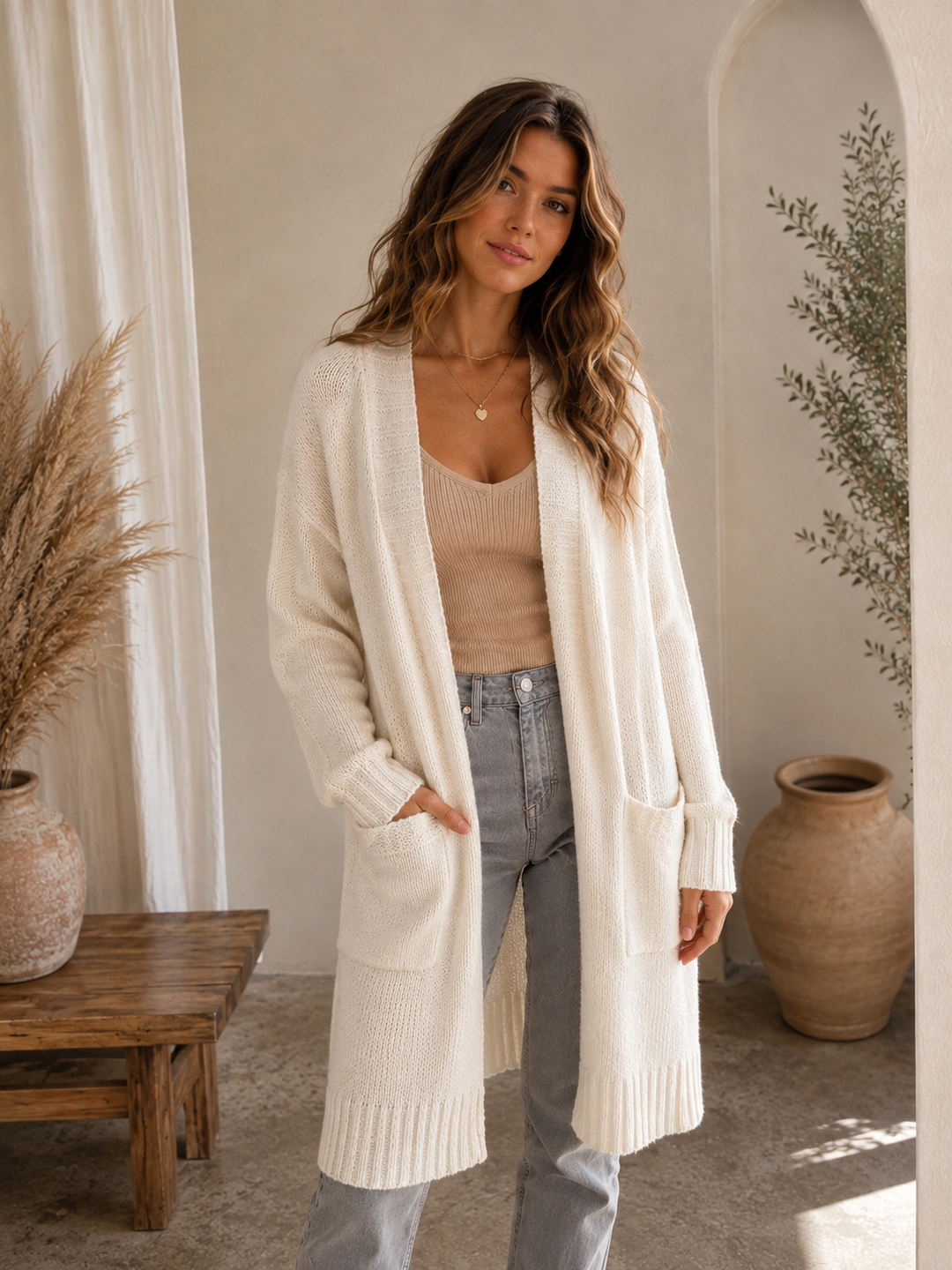 Dreamers Longline Open Front Cardigan in Cream