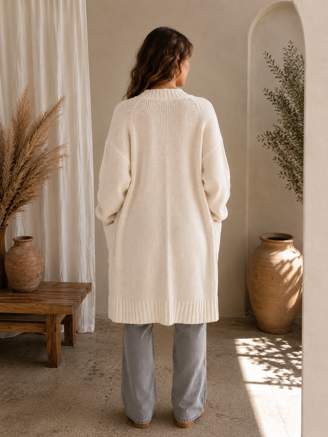 Dreamers Longline Open Front Cardigan in Cream