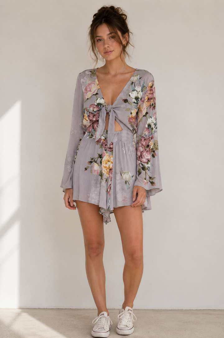 Dreamy Blossom Tie-Front Floral Romper - Floral Ice Grey