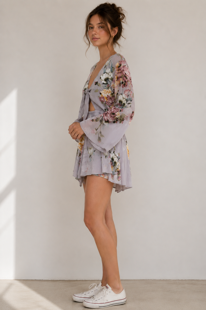 Dreamy Blossom Tie-Front Floral Romper - Floral Ice Grey
