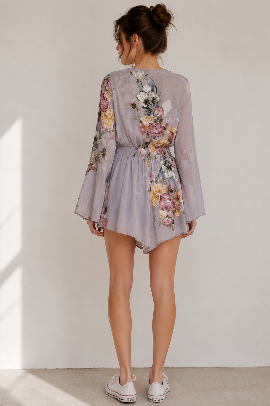 Dreamy Blossom Tie-Front Floral Romper - Floral Ice Grey
