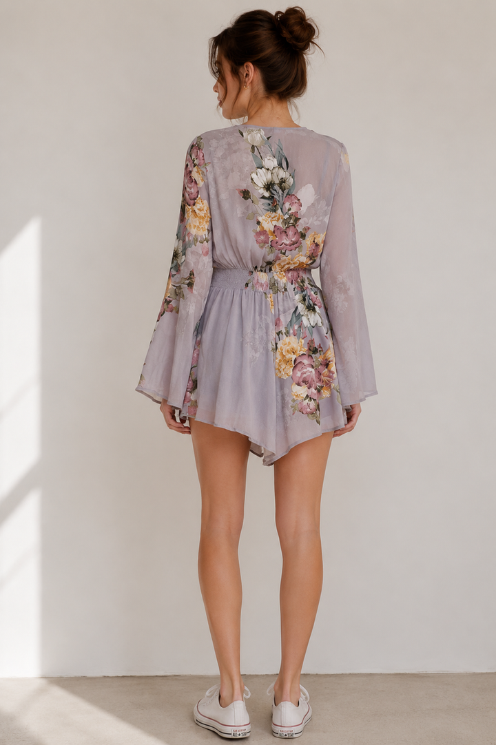 Dreamy Blossom Tie-Front Floral Romper - Floral Ice Grey