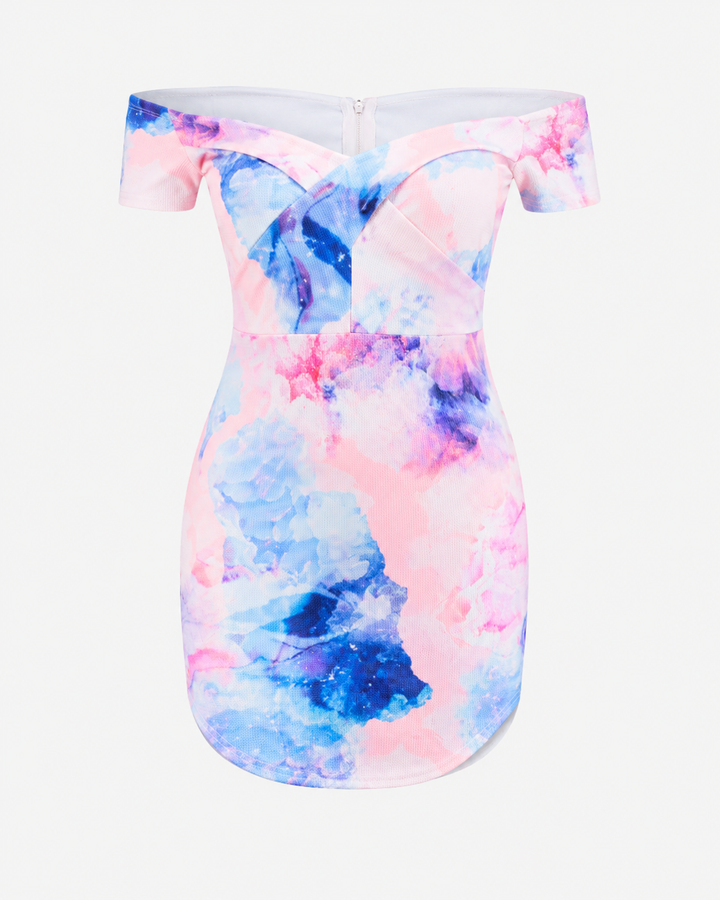 Final Sale - Dreamy Off The Shoulder Watercolor Bodycon Dress