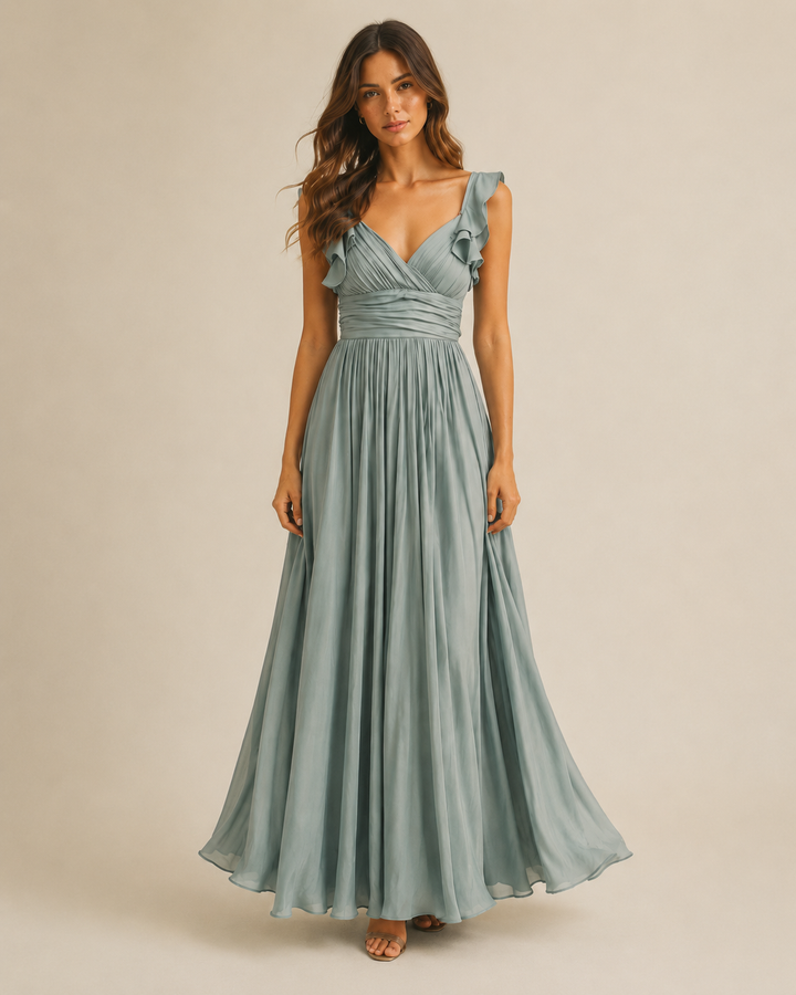 Dusty Blue Satin Ruffle Maxi Dress