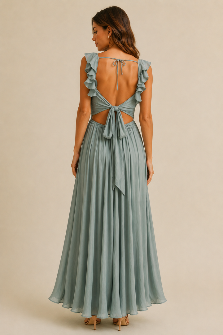 Dusty Blue Satin Ruffle Maxi Dress