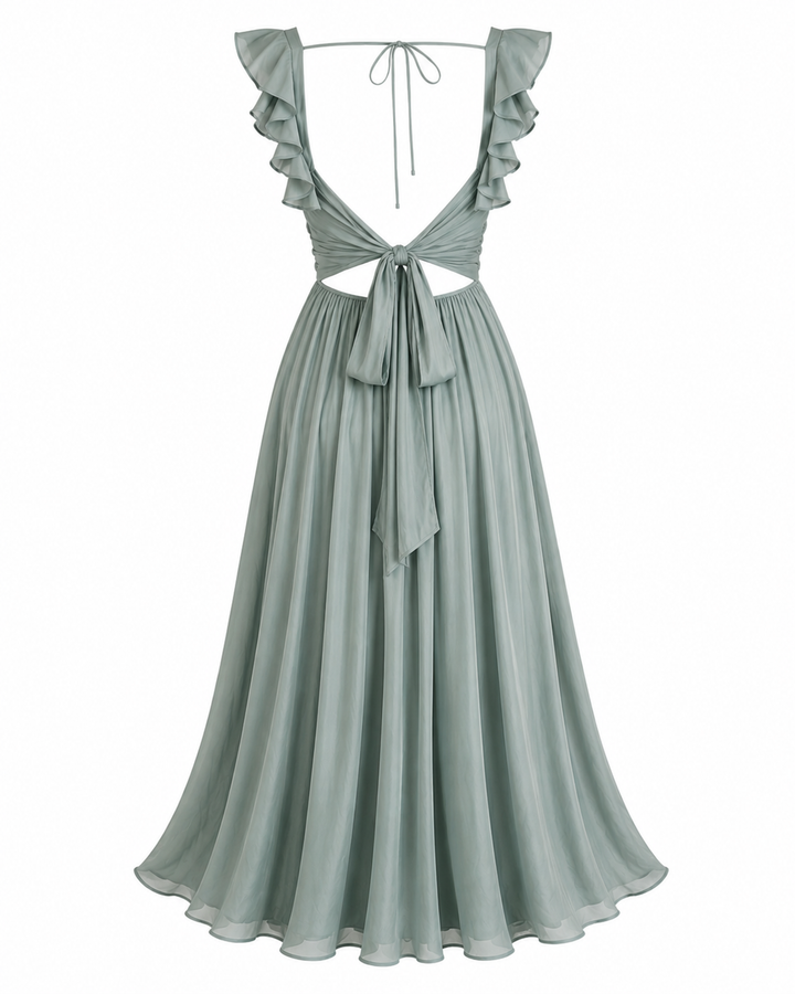 Dusty Blue Satin Ruffle Maxi Dress