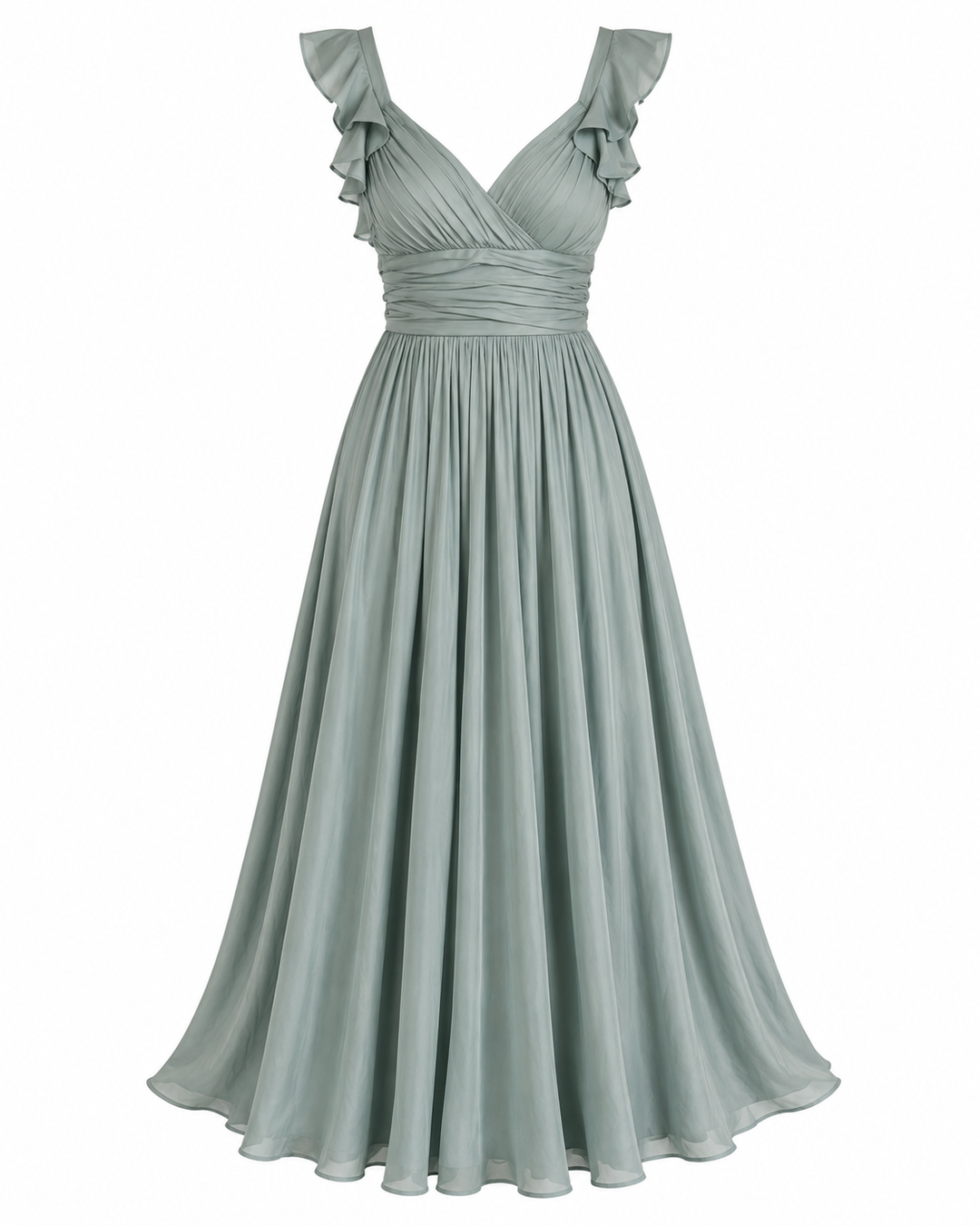 Dusty Blue Satin Ruffle Maxi Dress