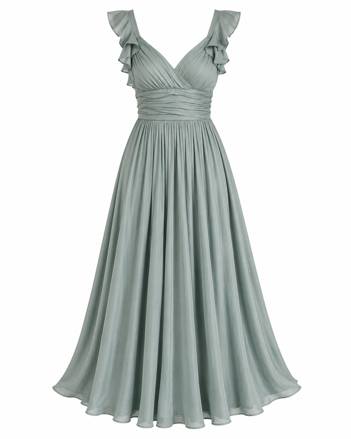 Dusty Blue Satin Ruffle Maxi Dress