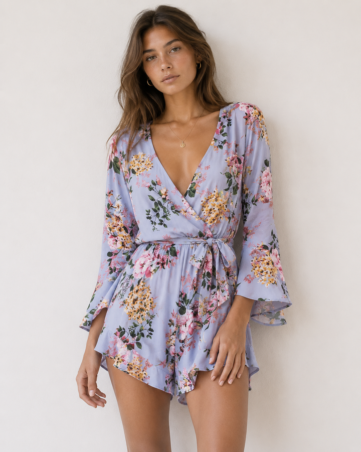 Final Sale - Flare Sleeve Floral Print Romper in Misty Blue