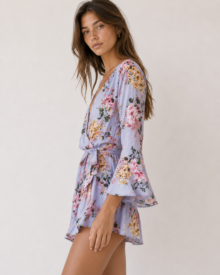 Final Sale - Flare Sleeve Floral Print Romper in Misty Blue