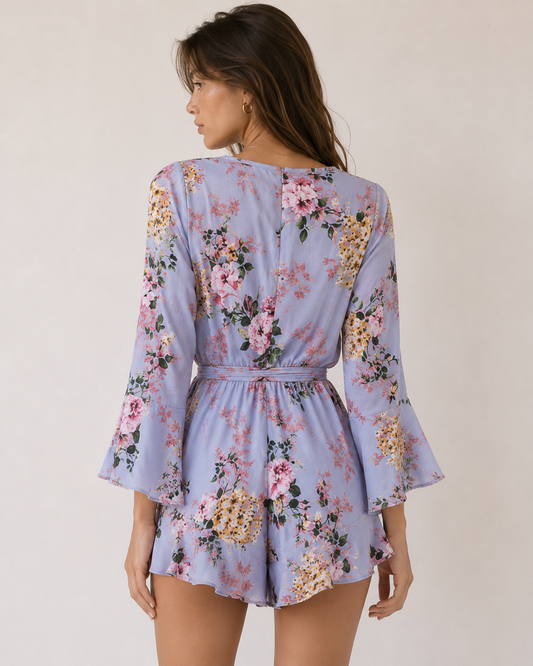 Final Sale - Flare Sleeve Floral Print Romper in Misty Blue
