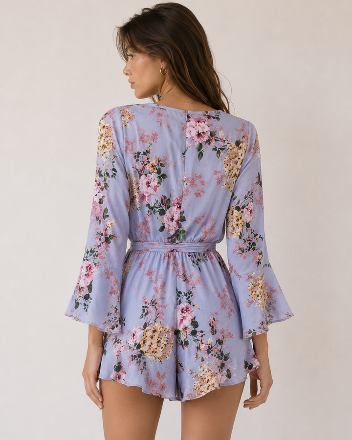 Final Sale - Flare Sleeve Floral Print Romper in Misty Blue