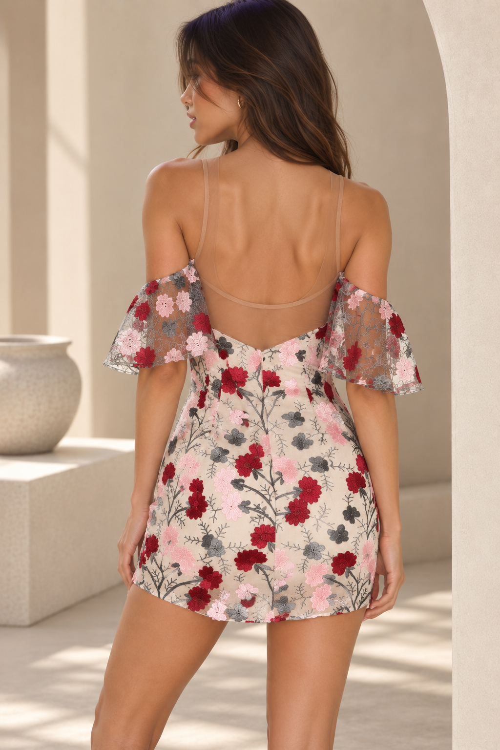 Floral About You multi floral embroidered mini dress with sheer illusion mesh upper back rear view