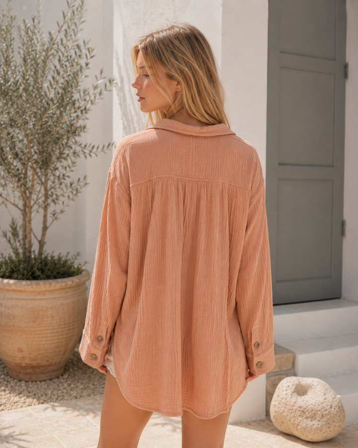 Free People - All About The Feels Double Gauze Linen Button Down Top - Peach