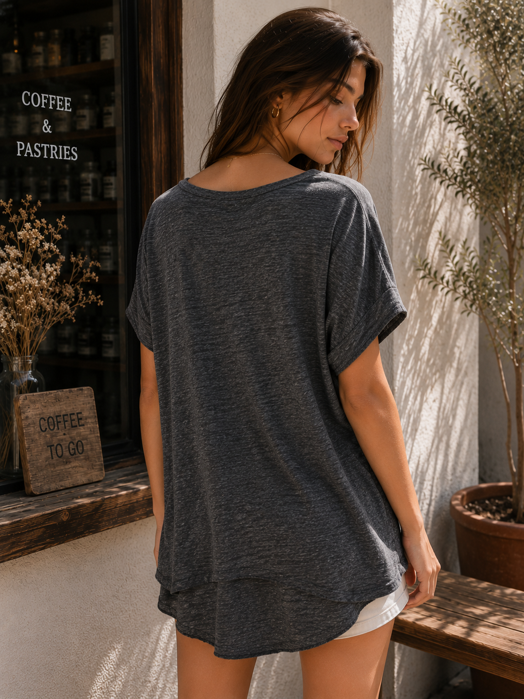 Free People - Cloud 9 Frayed Hem Oversized Knit Tee – Carbon Charcoal