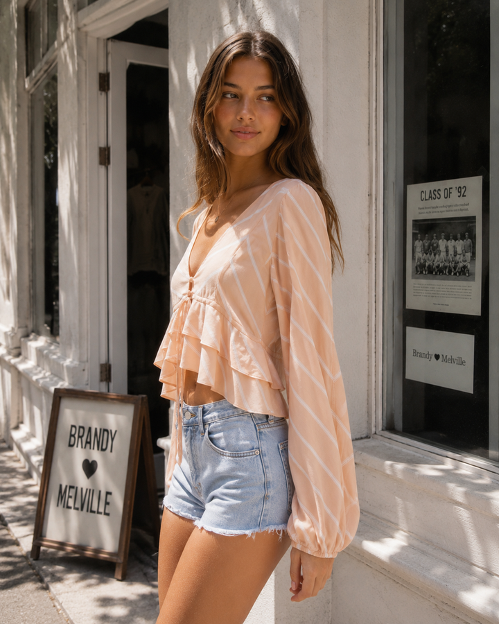 Free People - Samifran Ruffle Tie Front Crop Top – Peach Stripe