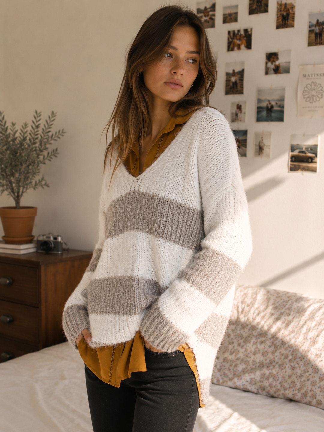 Girls Like Me Striped Fuzzy Knit Sweater in Mocha & Cream