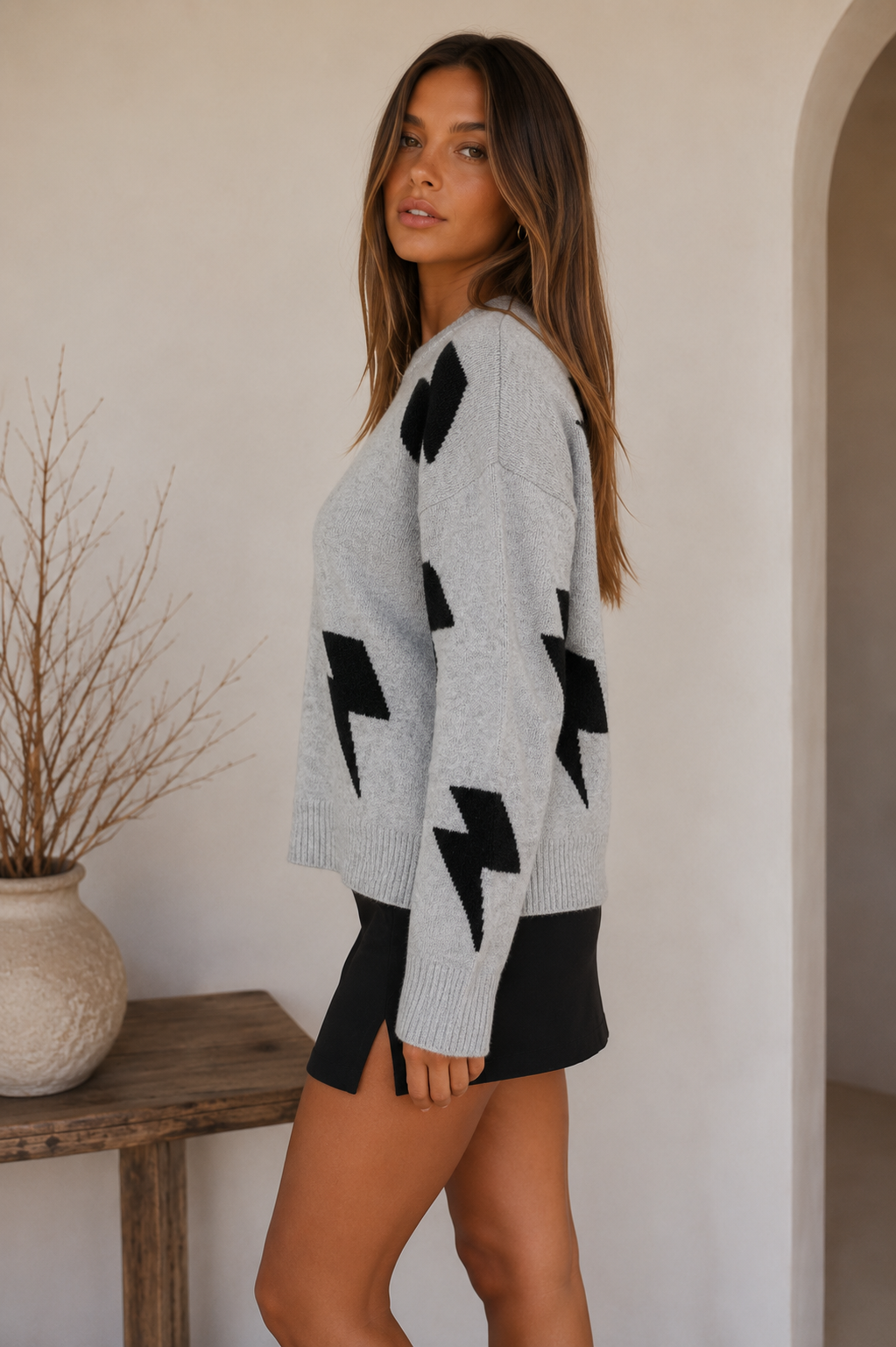 Grey Lightning Bolt Knit Sweater