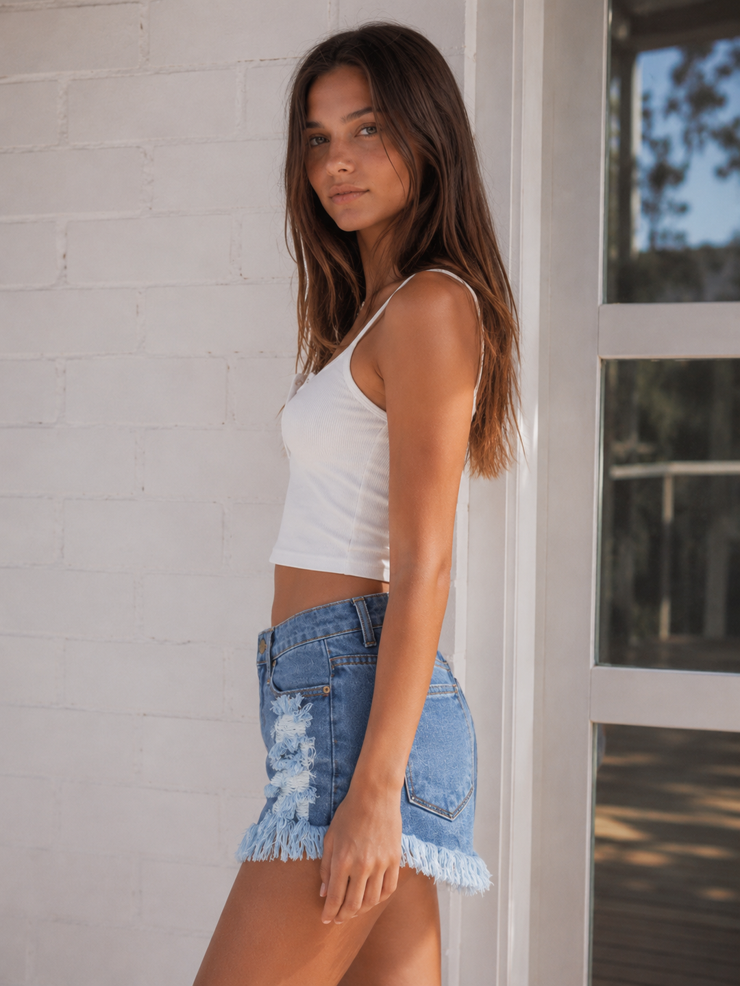 High Waisted Distressed Jean Shorts In Medium Wash