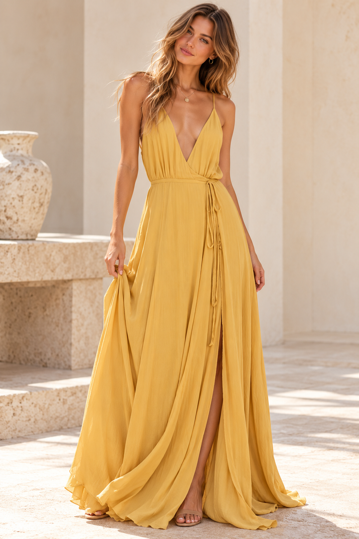 Honey Punch Summer Affair Open Back Maxi Dress – Gold - front view | ShopHearts