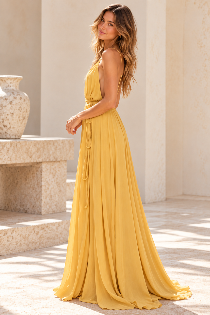 Honey Punch Summer Affair gold maxi dress, side view showing gathered waist and flowing skirt