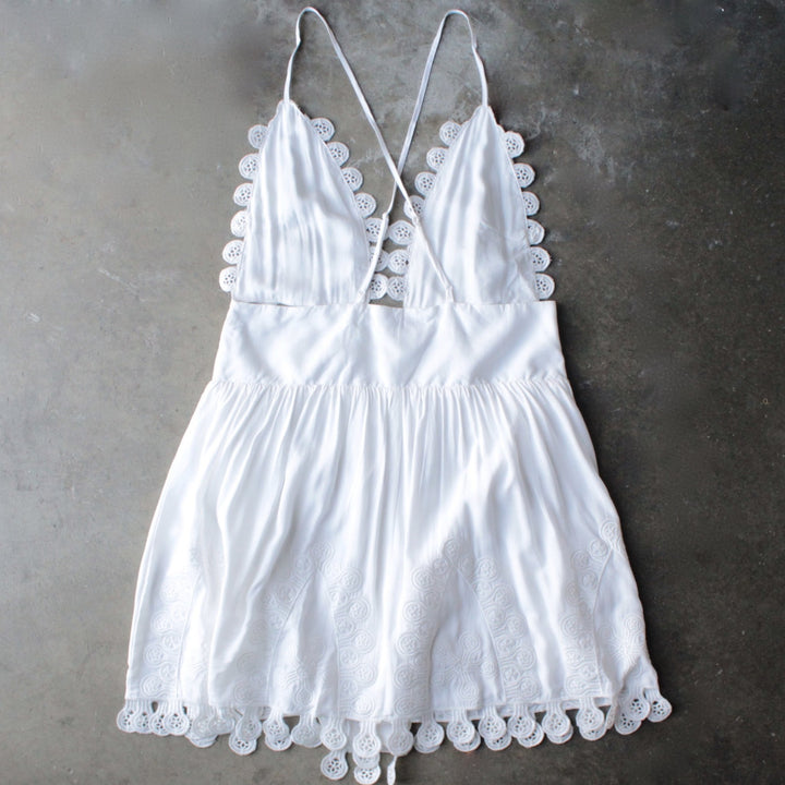 Honey Punch Summer Lace Mini Dress in Coconut back view showing open-back straps, gathered skirt and scalloped lace hem