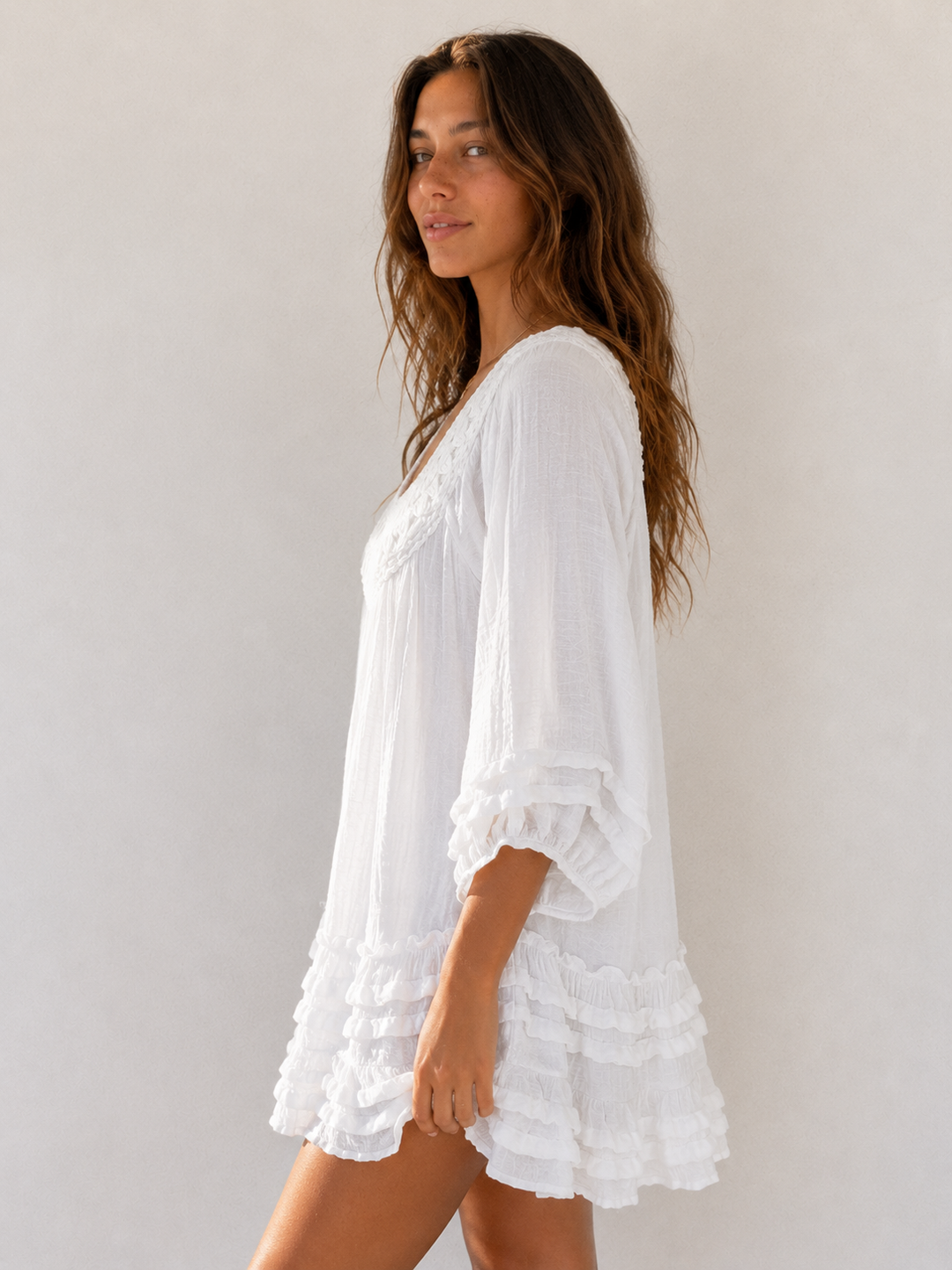 Ivory Romance Crochet Ruffle Mini Dress