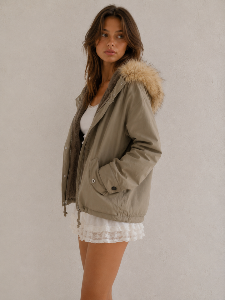 Final Sale - L.A. Weather Fuzzy Lined Hooded Jacket in Olive