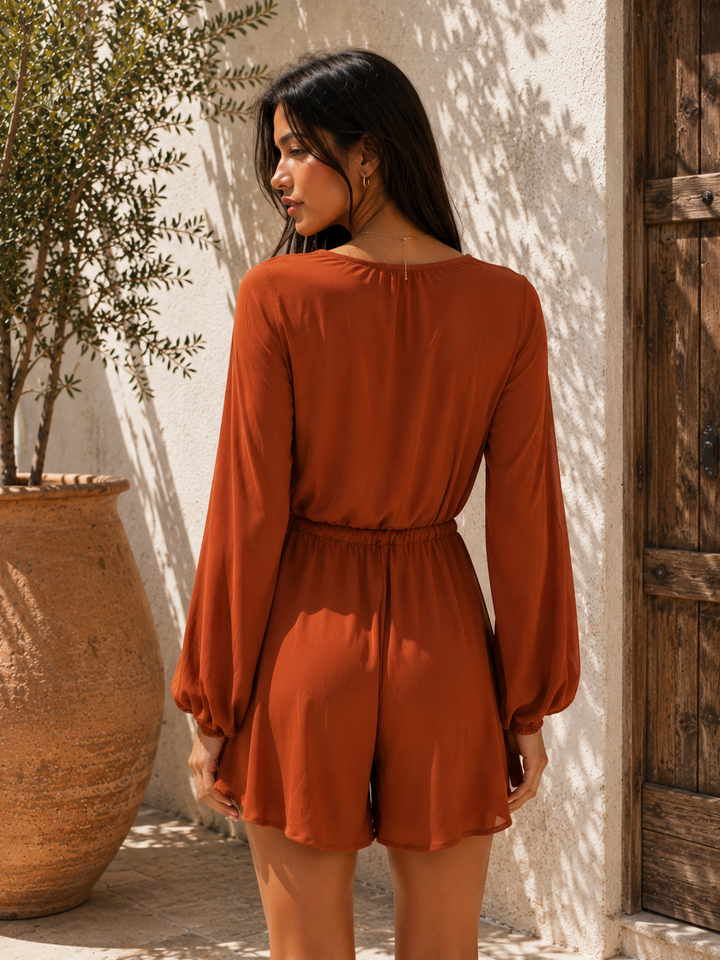 LIONESS - Rust Deep Plunge Long Sleeve Tassel Romper