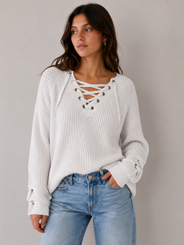 Lace Up Grommet Sweater in Blush