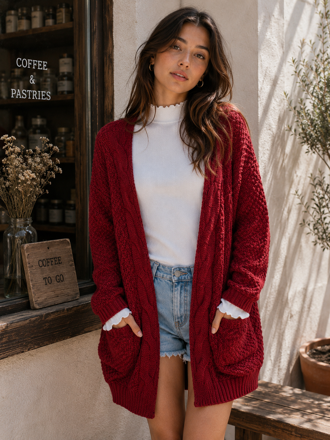Burgundy cable knit open front cardigan sweater with oversized fit and front pockets.
